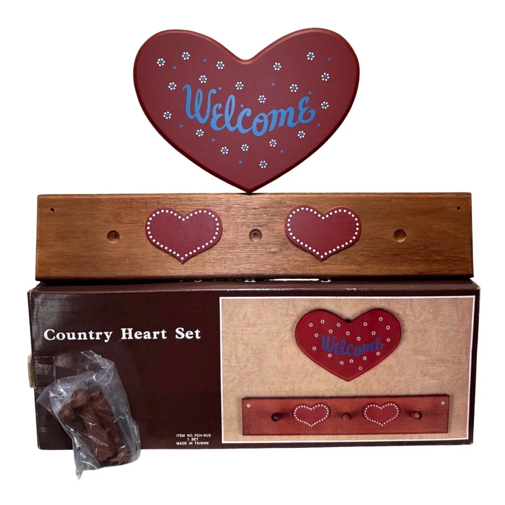 Vintage Country Heart Wooden Wall Hanging Rack Welcome Sign NOS Cottagecore Prim